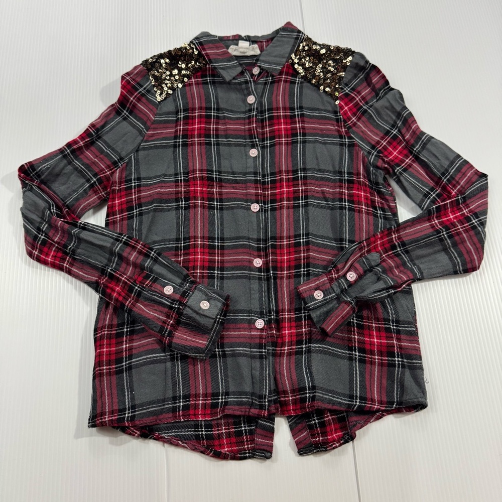 W82. Cloud Chaser Red and‎ Gray Plaid Kids Shirt with Sequin Shoulders (XL 16)